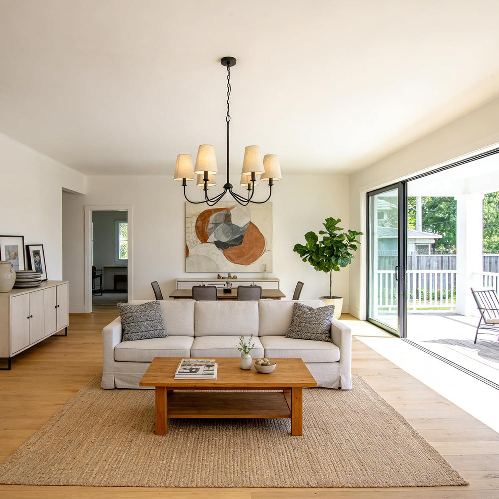 Chandelier, Matte Black with Linen Fabric Shade, 6-Light 28" Modern Farm...