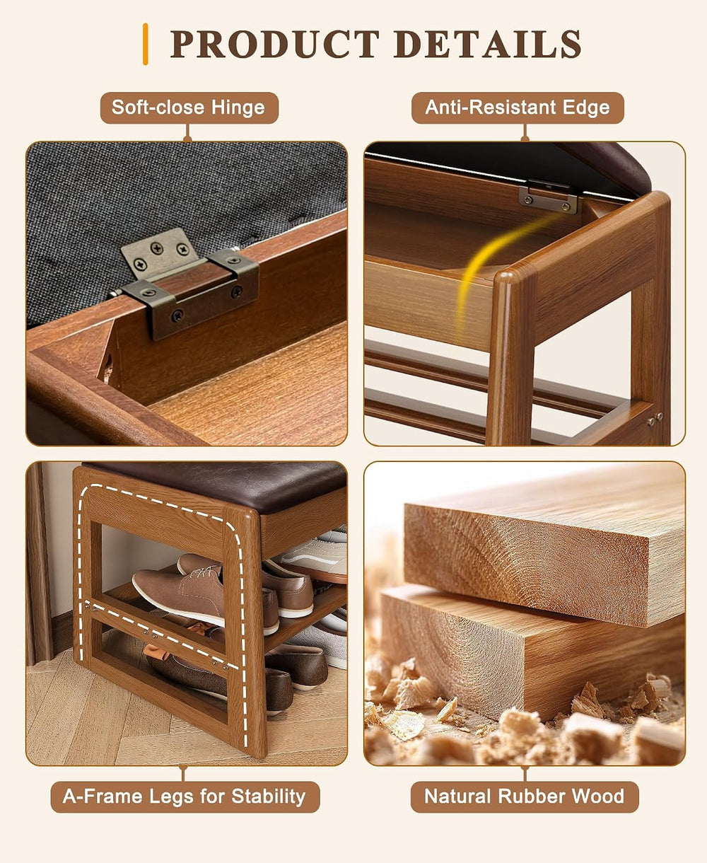 Shoe Rack Bench with Hidden Storage, 2-Tier Solid Rubberwood Entryway Bench w...
