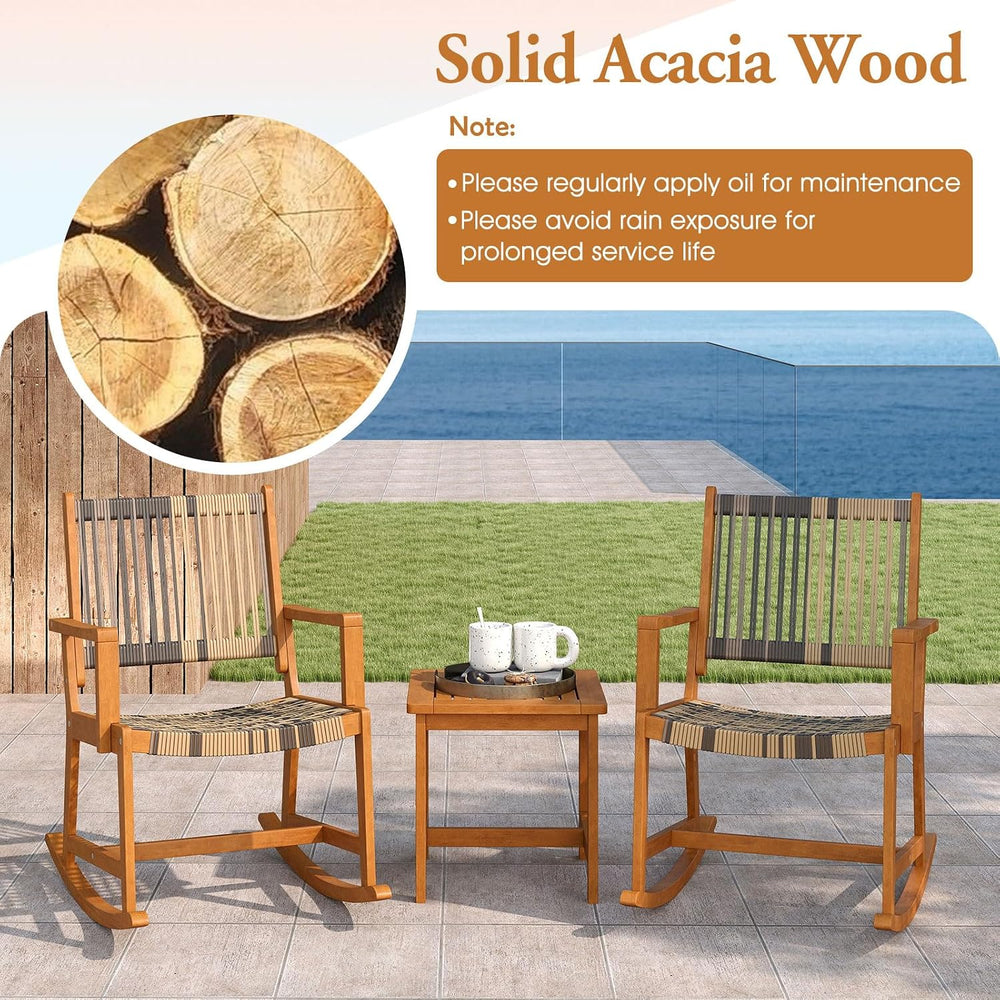 HAPPYGRILL 3 Pieces Rocking Bistro Set, PE Rattan Front Porch Chairs with Cof...