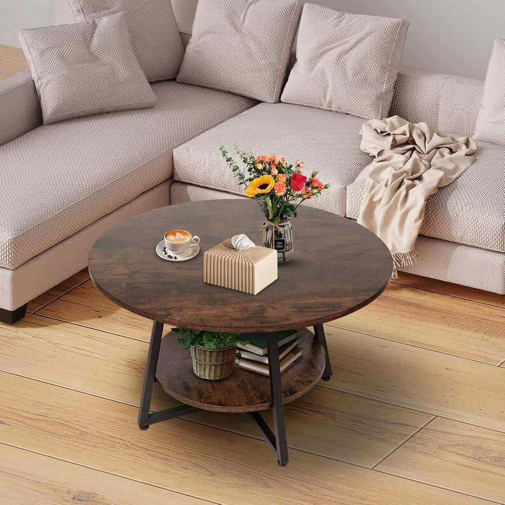 Round Coffee Table, 2-Tier Circle Coffee Table with Storage, Modern Wood Roun...
