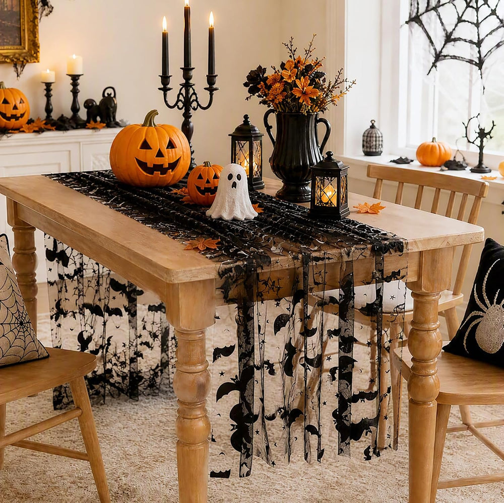 Halloween Table Runners Lace Black Bat Linen Drape Scary Theme Spooky Decor