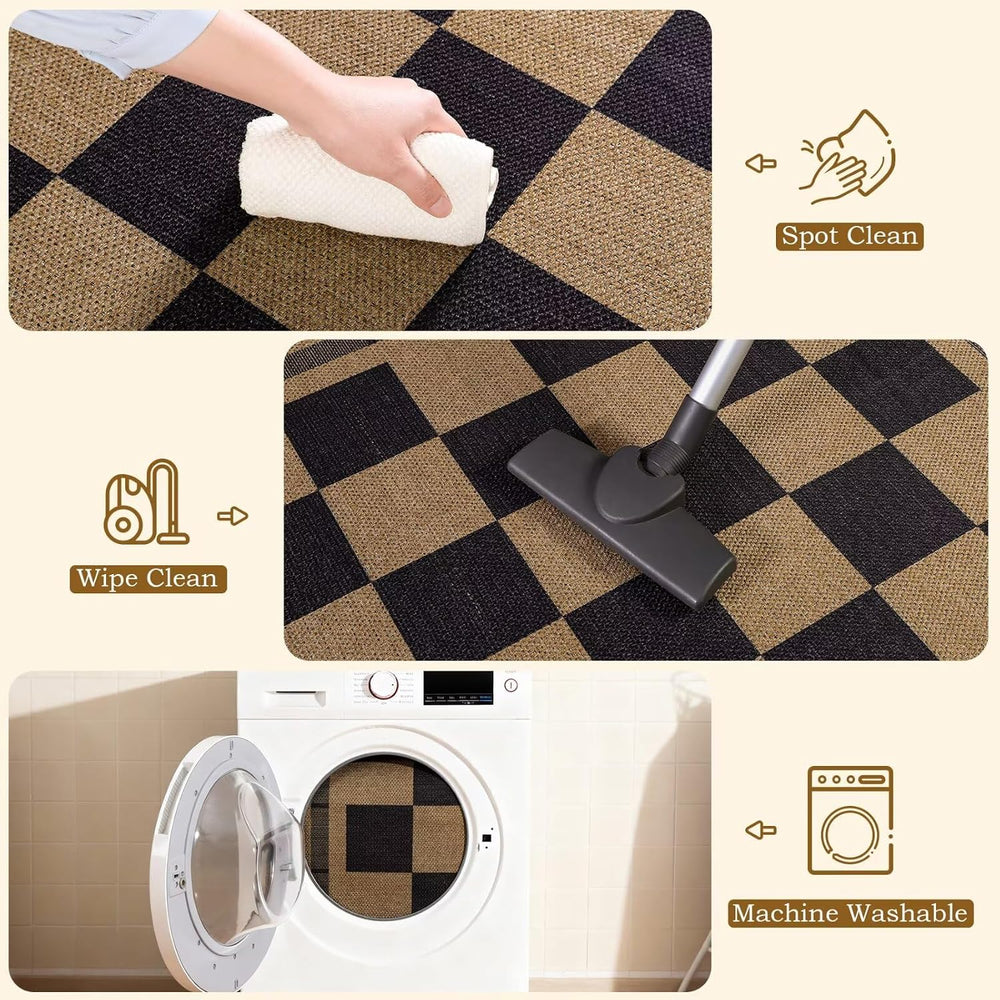 5x7 Checkered Jute Outdoor Rugs, Washable Rug for Living Room Bedroom Patio