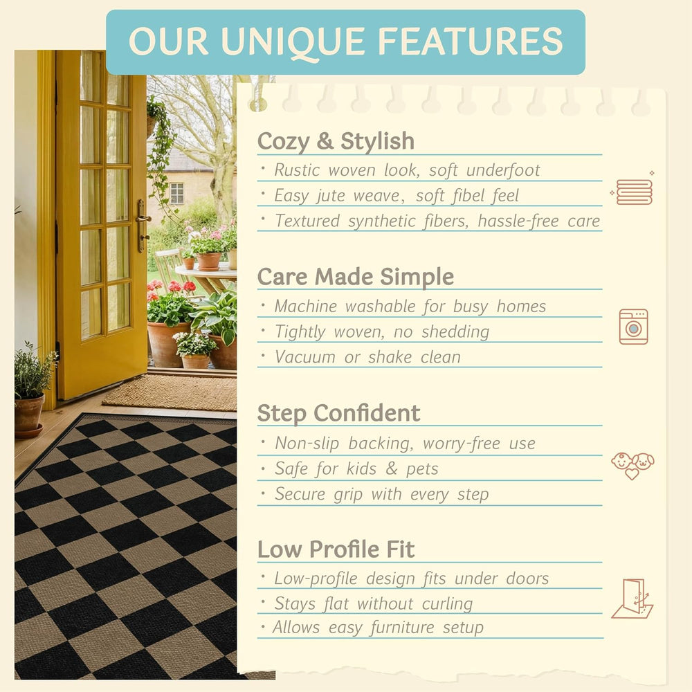 Easy Jute Indoor Outdoor Rug 3x5, Brown Black Checkered Patio Front Porch Rug...