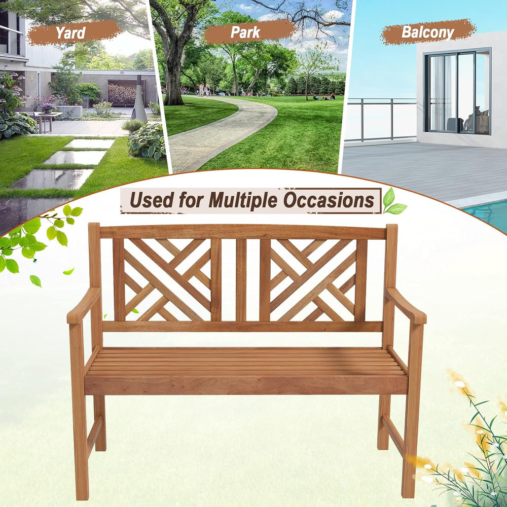 Giantex Outdoor Wooden Garden Bench - 2-Person Acacia Wood Loveseat with Armr...