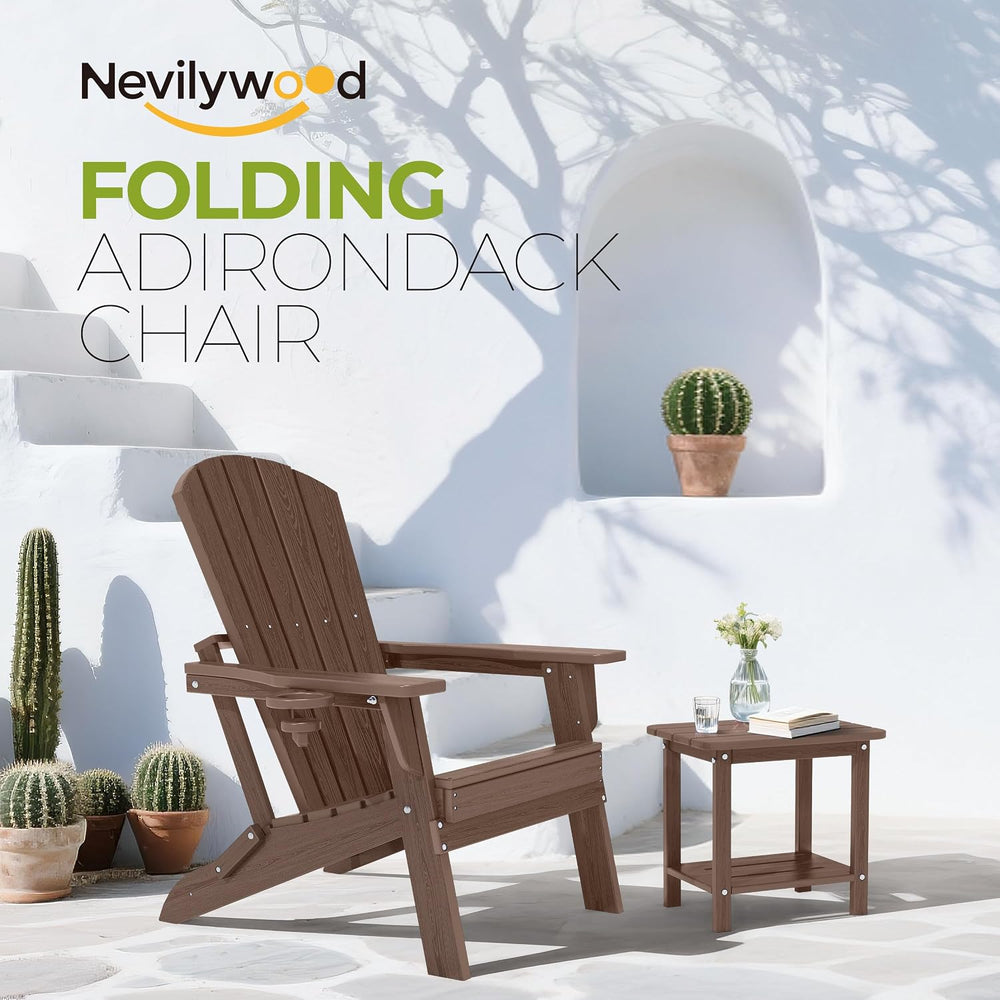 nevilywood Folding Adirondack Chairs Set of 2, HDPE Cup Holders, Coffee