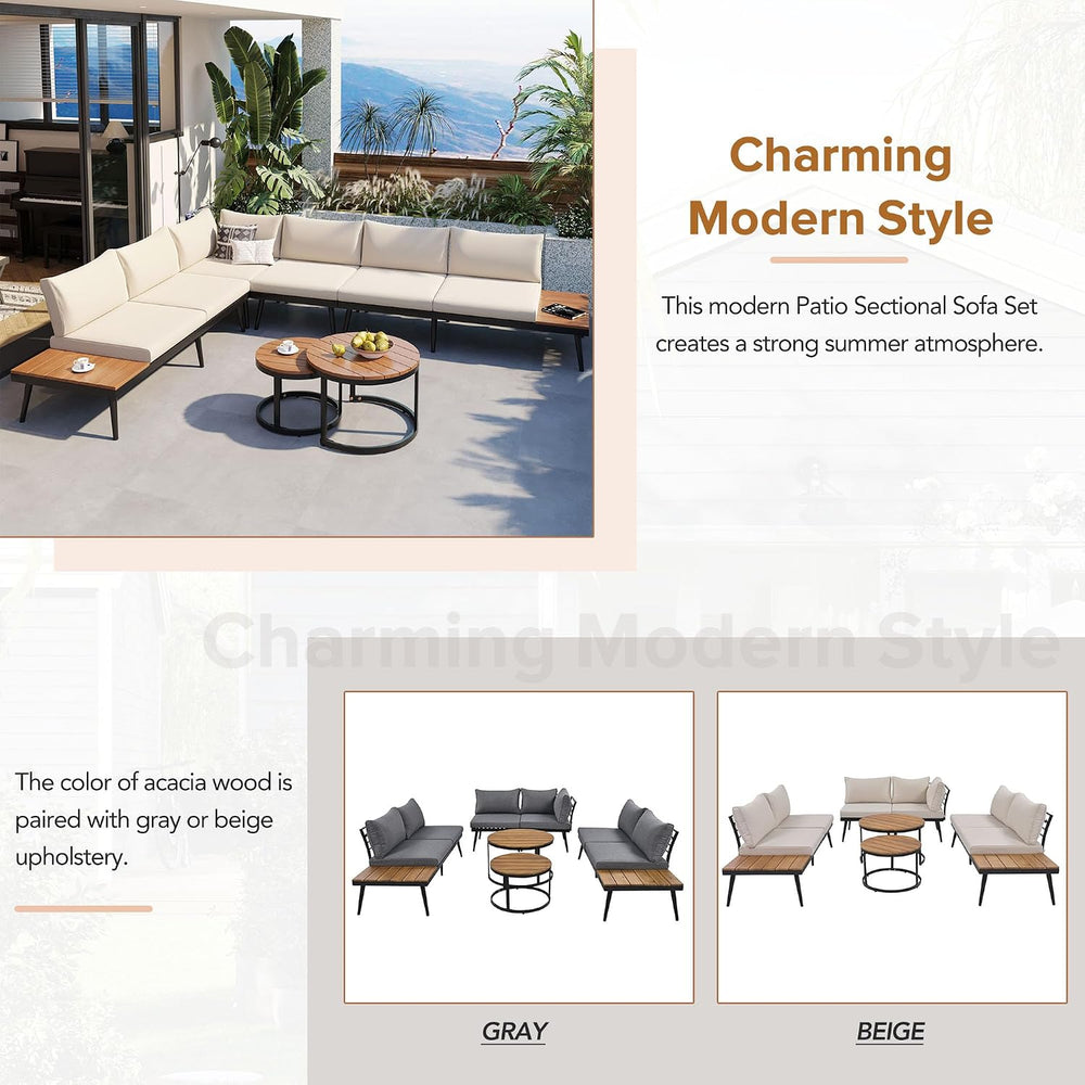 Modern Outdoor Sectional Sofa Set with Round Nesting Coffee Tables and Cushio...