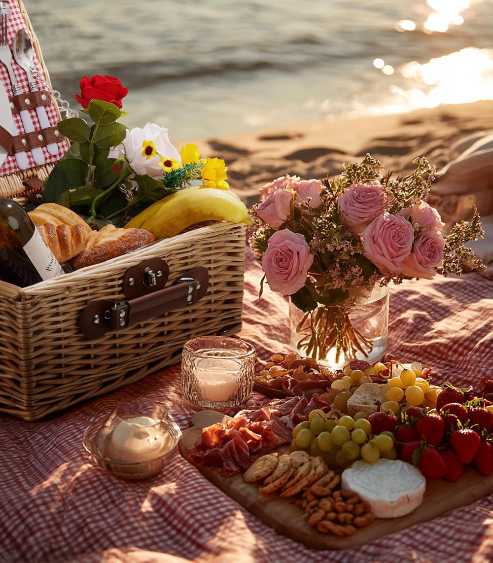Picnic Basket for 2 with Lid and Handle Waterproof Picnic Blanket