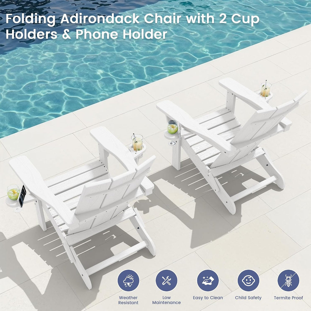 SERWALL HDPE Modern Folding Adirondack Chair with Dual Cup Holder, White