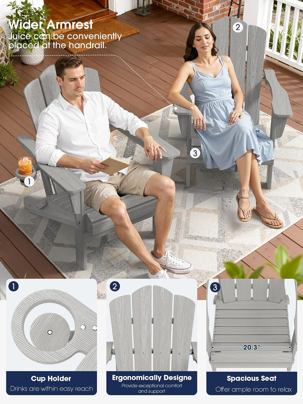 KINGYES Folding Adirondack Chair with Cup Holder, Silver Grey