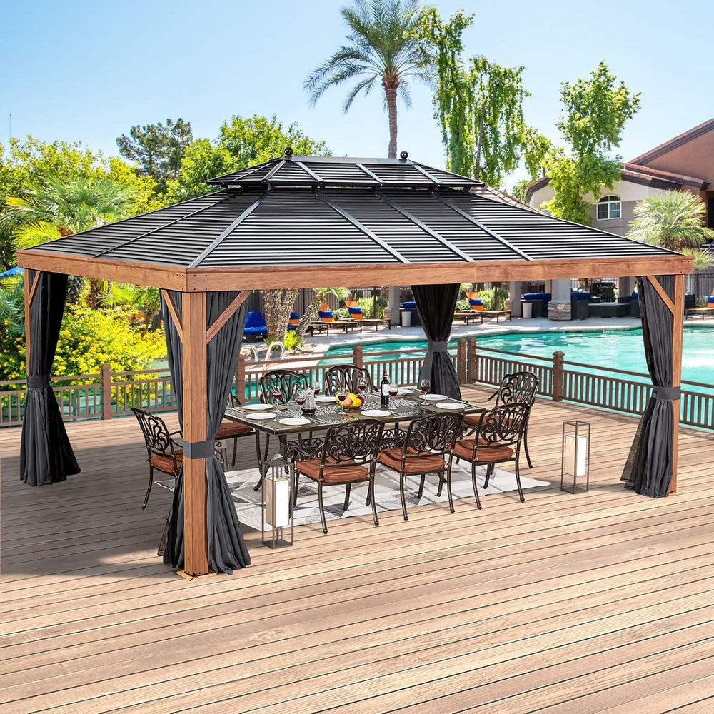 YOLENY 12' x 16' Hardtop Gazebo Faux Wood Grain with Aluminum Frame, ...