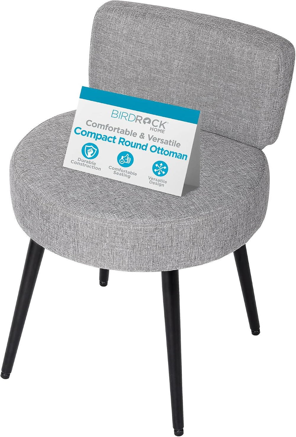 BIRDROCK HOME Linen Chair w/Back - Small Padded Footrest - Compact Round Otto...