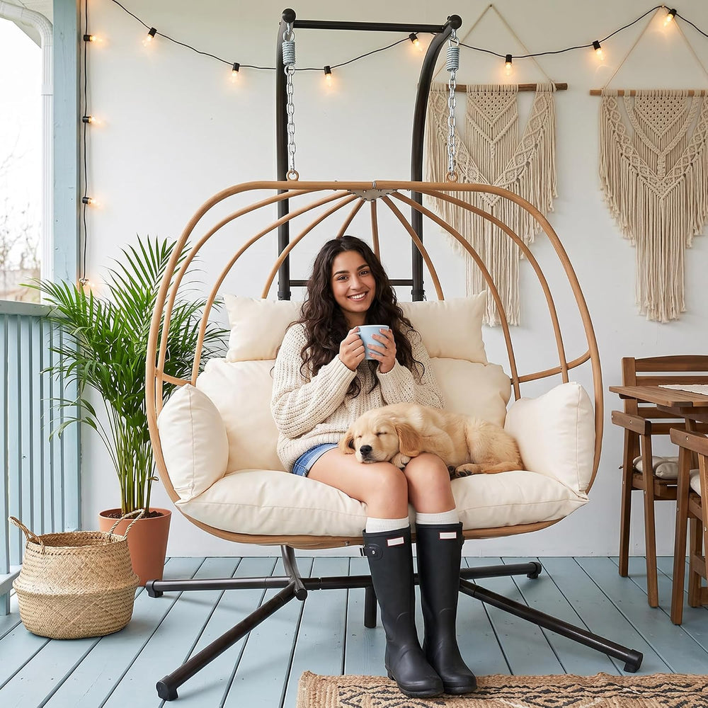 Hanging Chairs with Stand, All Weather Double Egg Chair Outdoor, Metal Hangin...