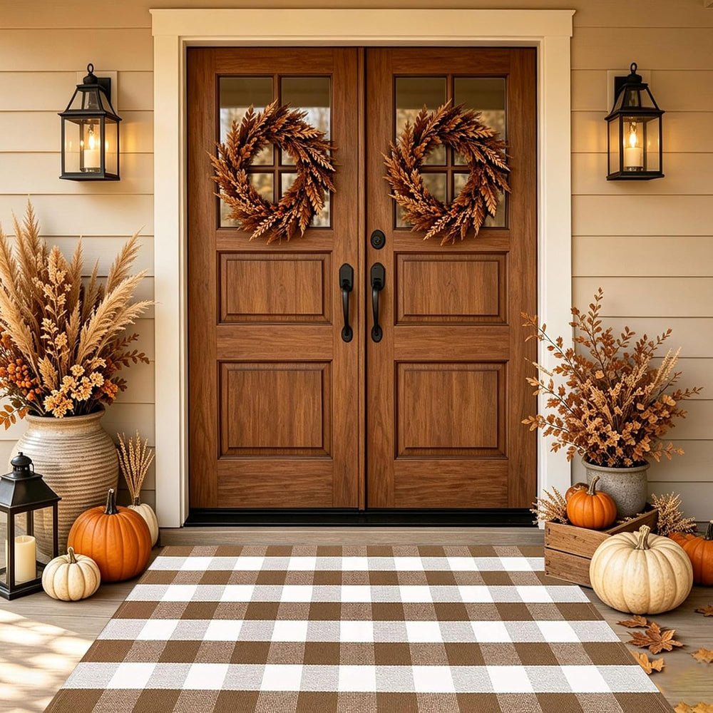 Fall Door Mat 3'x5'Brown and White Buffalo Plaid Rug Fall Front Porch...