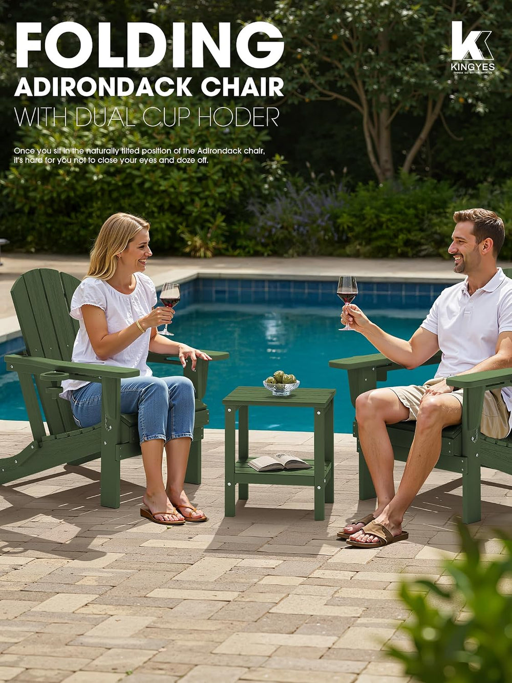 KINGYES Folding Adirondack Chair Set of 4 with 2 Cup Holders, Avocado