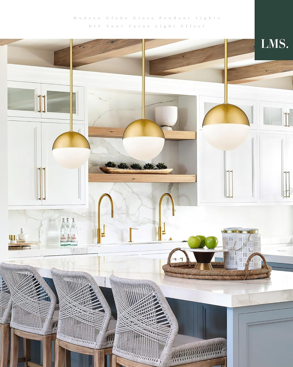 LMS 2-Pack Brushed Gold Pendant Lights, Modern Pendant Light with Milky Globe...