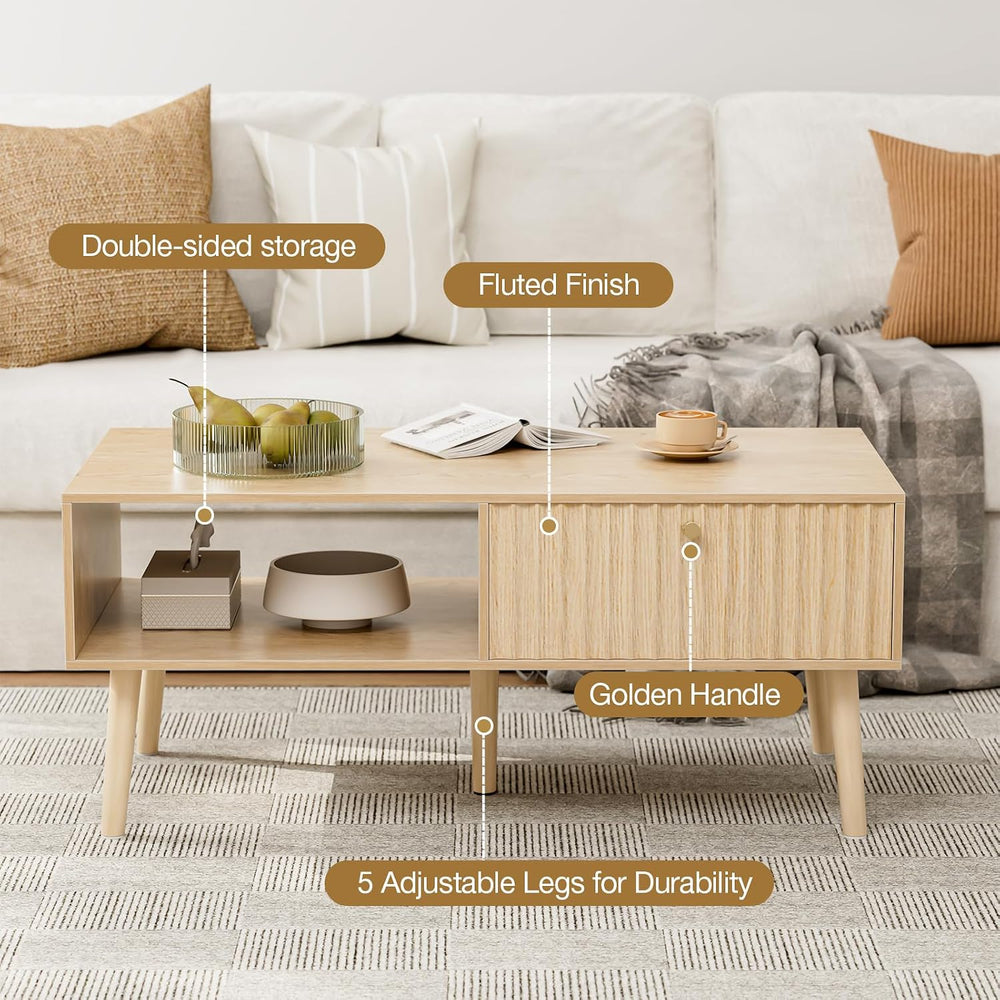 LCRBOL Coffee Table with Fluted Drawer, Modern, Oak