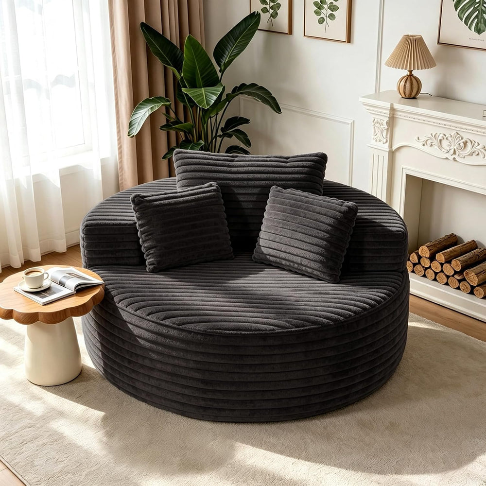 Oversized Round Chaise Longue Chair Indoor, Modern 55-inch Upholstered Cordur...