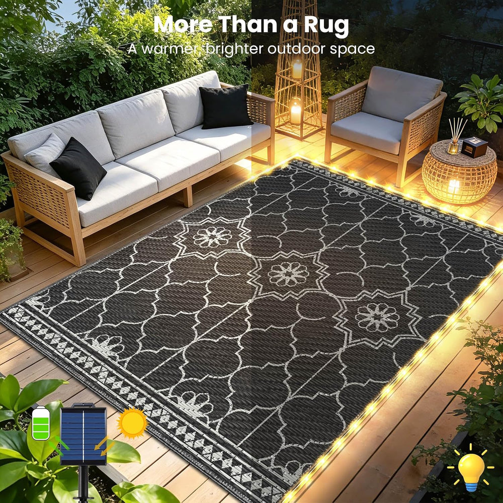 9x12Ft Outdoor Rug, Solar Powered Outdoor Rug with 131LEDs Strip Lights for H...