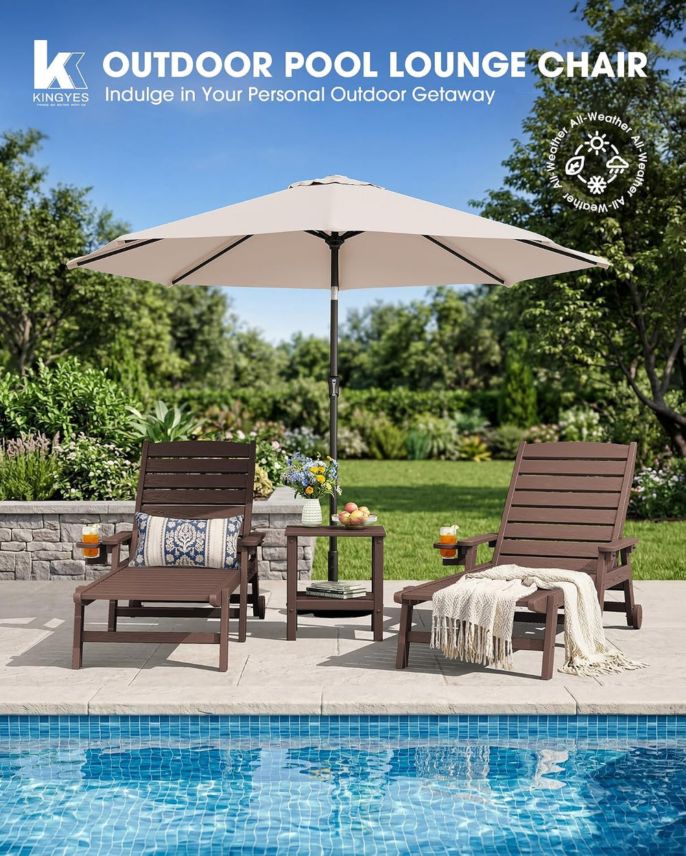 KINGYES HDPE Lounge Chair Outdoor Set of 2, All Weather Pool Lounger