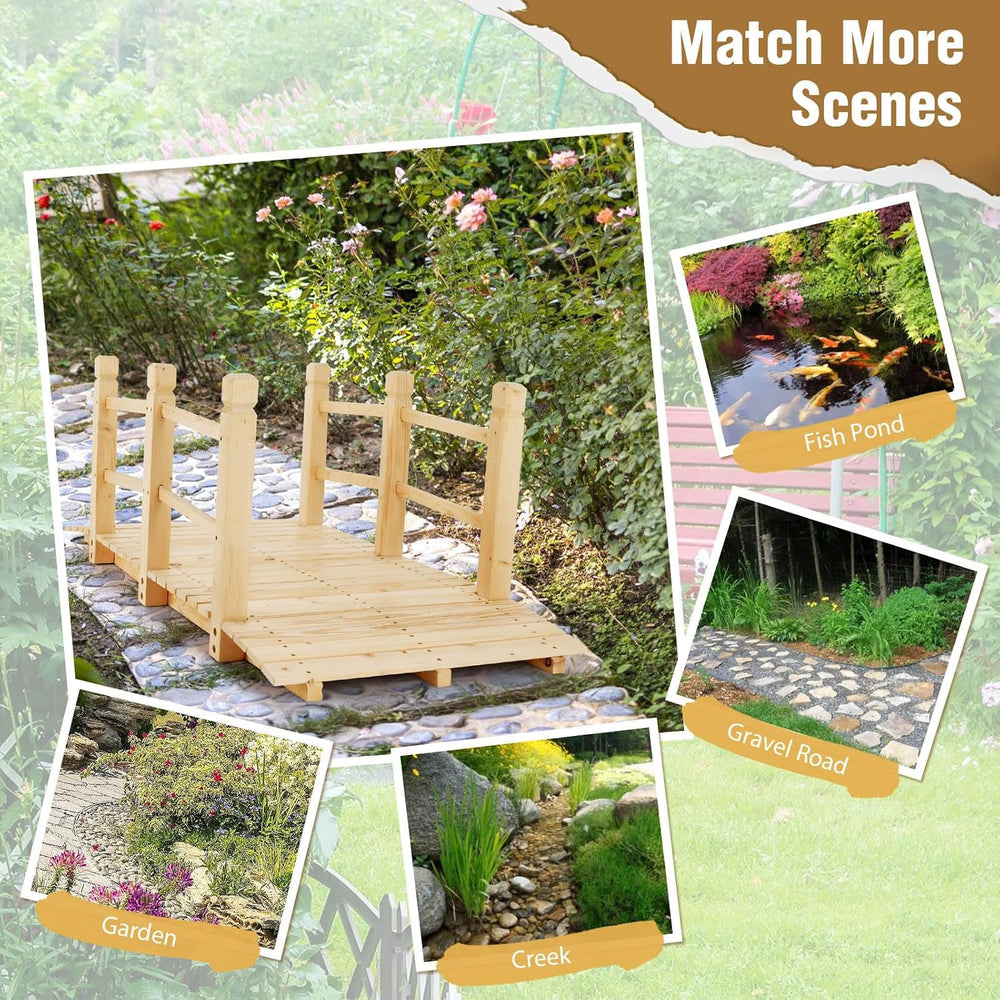 GIANTEX 5 ft Garden Bridge - Natural Wood Arc Footbridge Walkway with Side Ra...