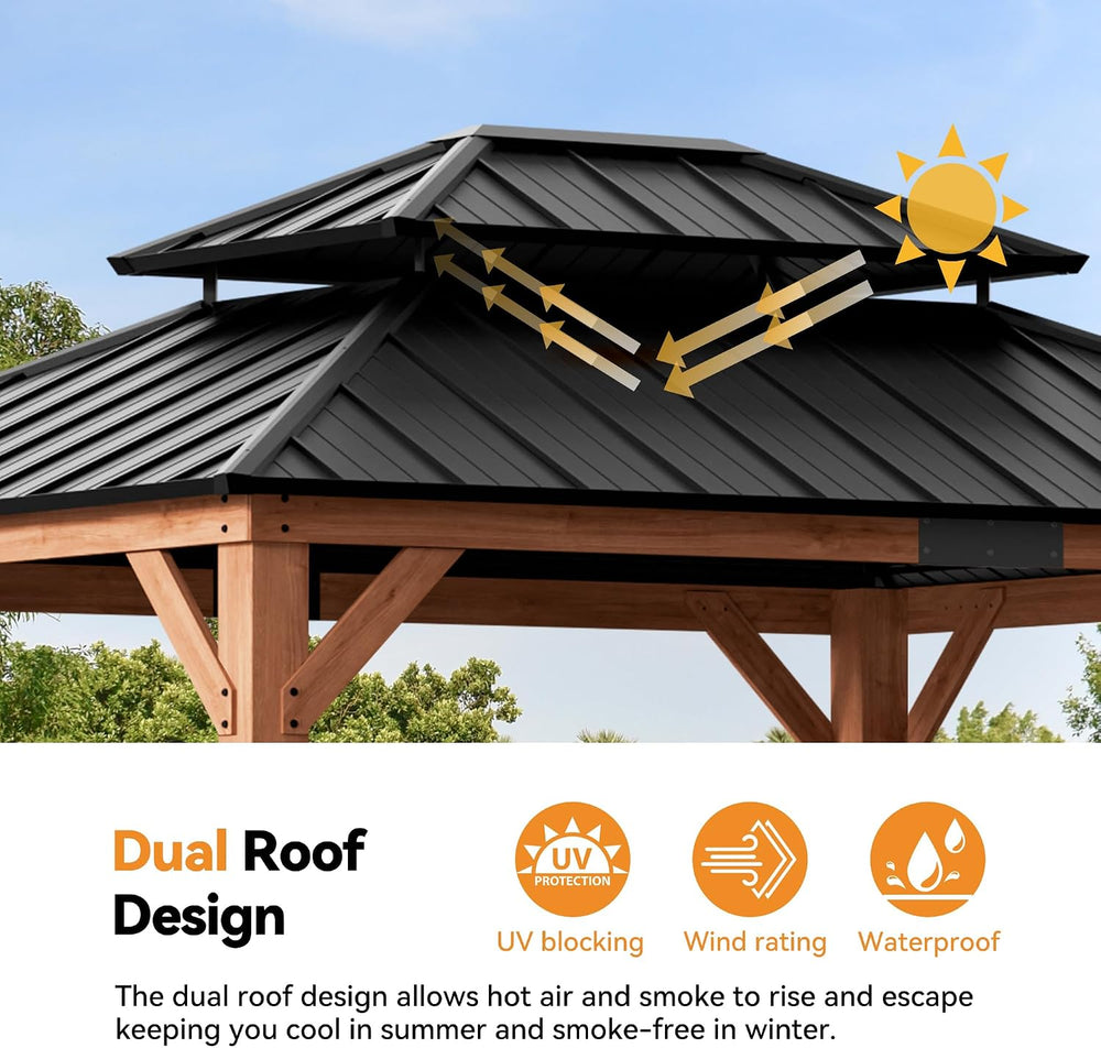 Modern Shade Permanent Wood Gazebo 10x12 with Double Galvanized Steel Roof