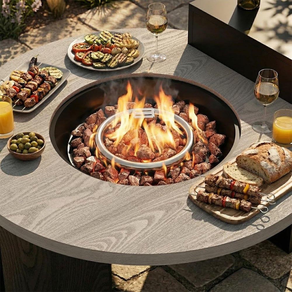 Round Outdoor Fire Table with Propane Tank Cabinet, 50000BTU Aluminum Alloy F...