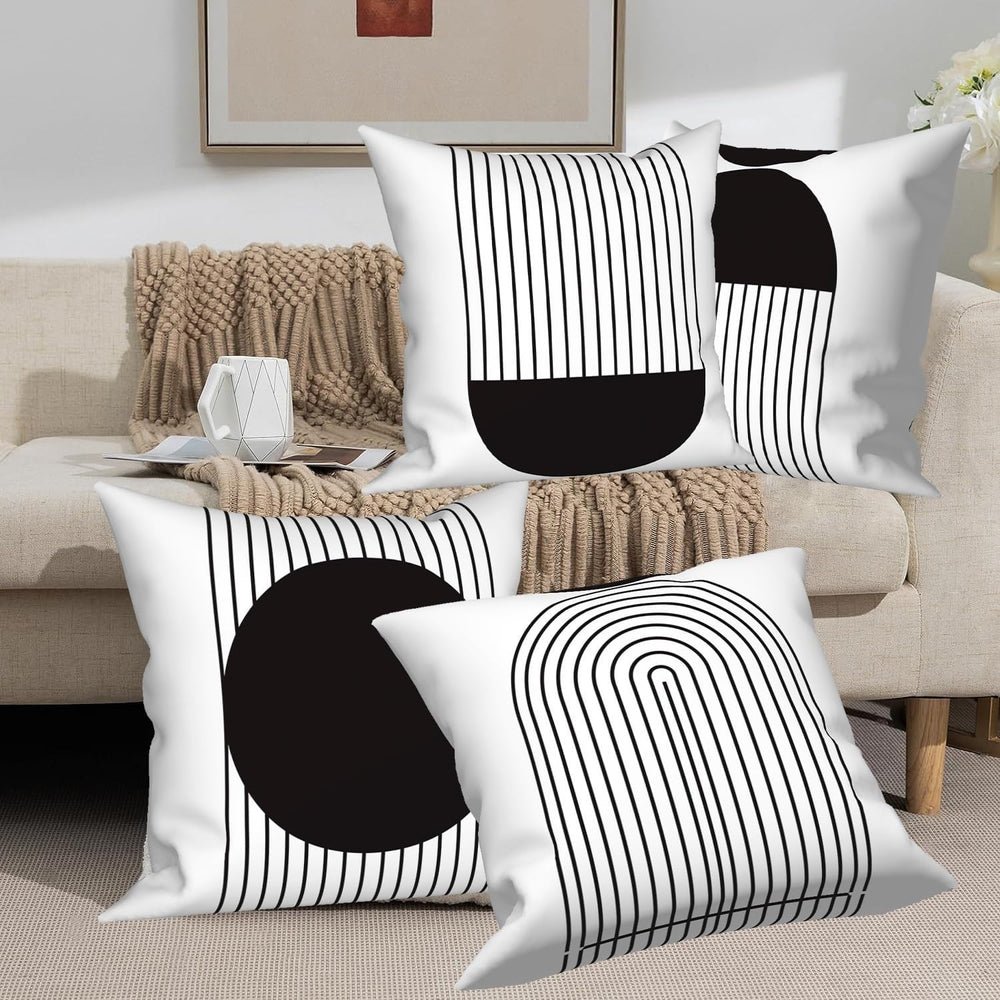 Black White Throw Pillow Cases 22x22 Set of 4 Geometric Abstract Striped Pill...