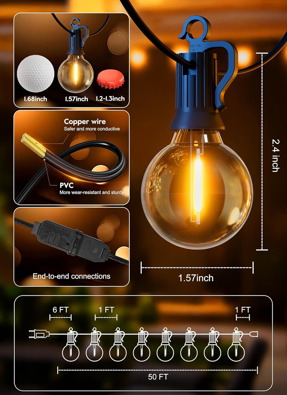Outdoor String Lights, 50FT 52 LED Bulbs Connectable Patio Lights (2 Spare)