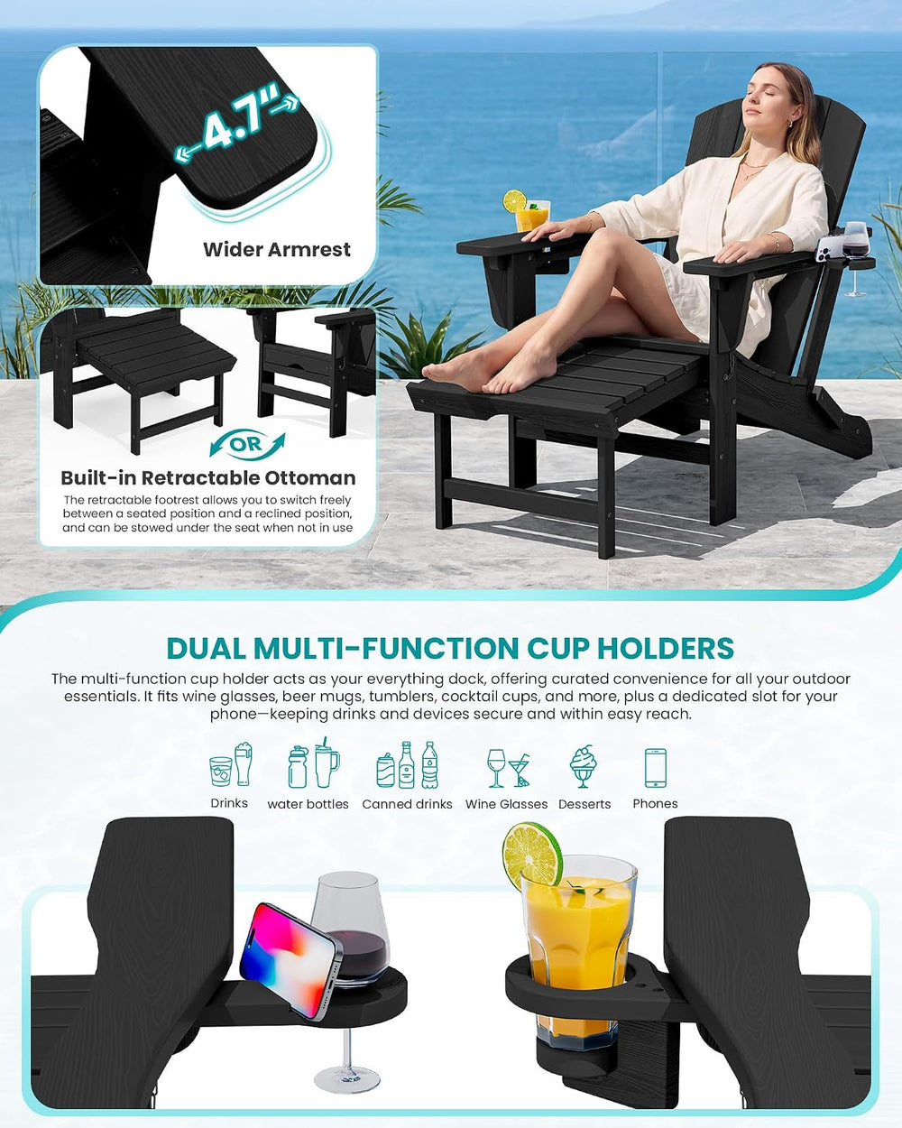 SERWALL HDPE Folding Adjustable Adirondack Chair with Footrest, Black