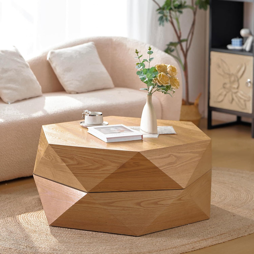36.61" Modern Drum Coffee Table with Hidden Storage, Farmhouse Coffee Ta...