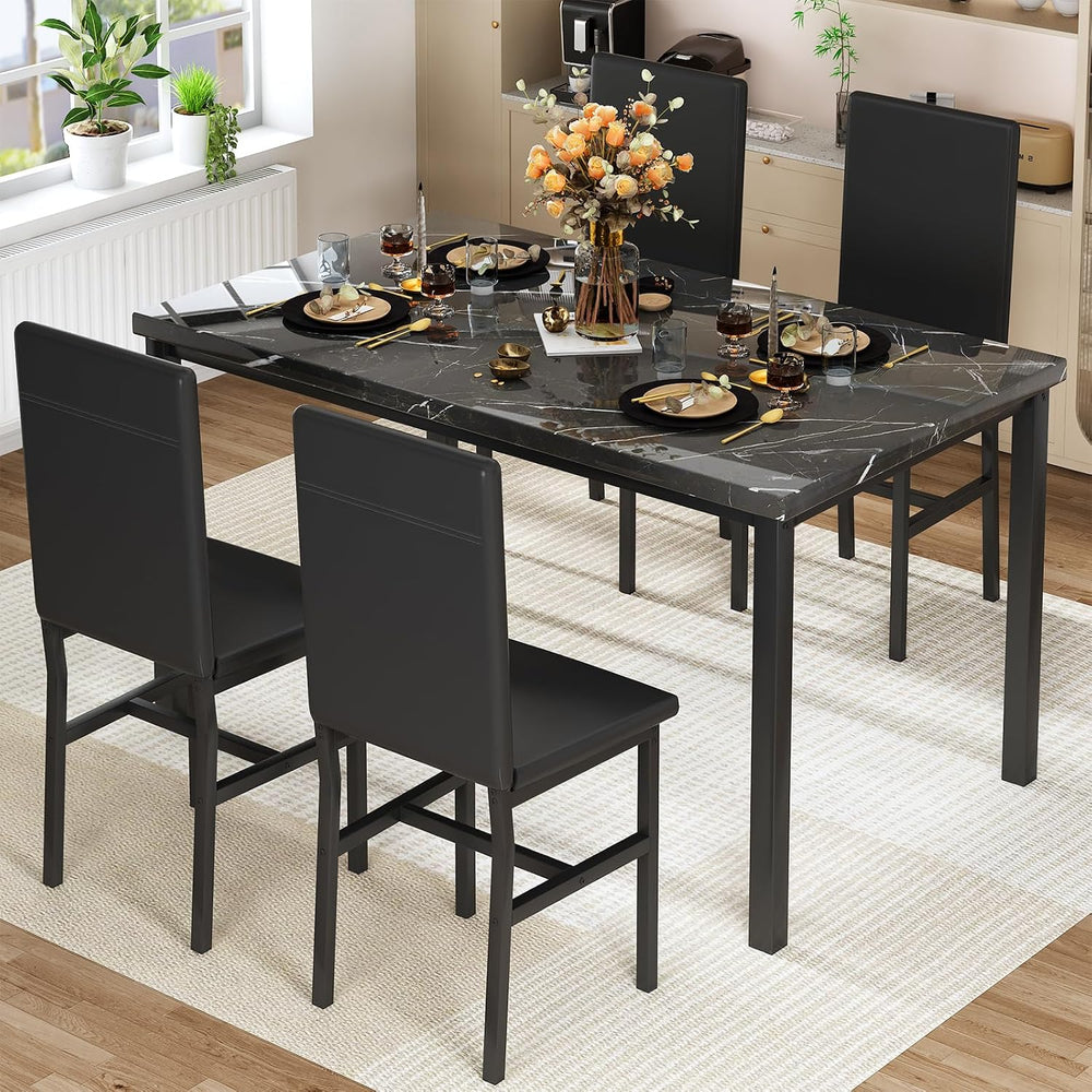 Hooseng Dining Table Set for 4, Modern Faux Marble Kitchen Table with 4 PU Le...