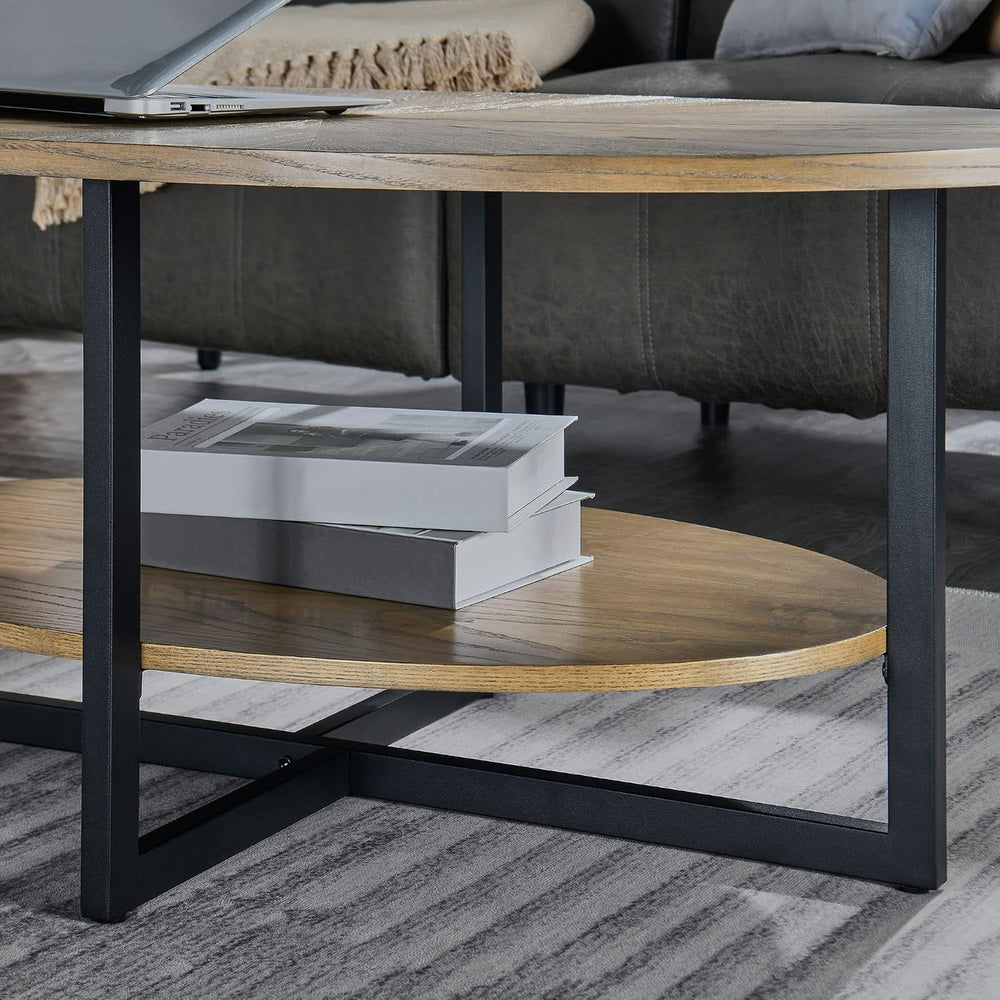 Wood Oval Coffee Table with Storage Shelf, 2-Tier, Rustic Nature