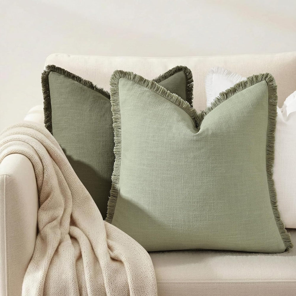decorUhome Linen Fringe Sage Green Throw Pillow Covers 24x24 Set of 2