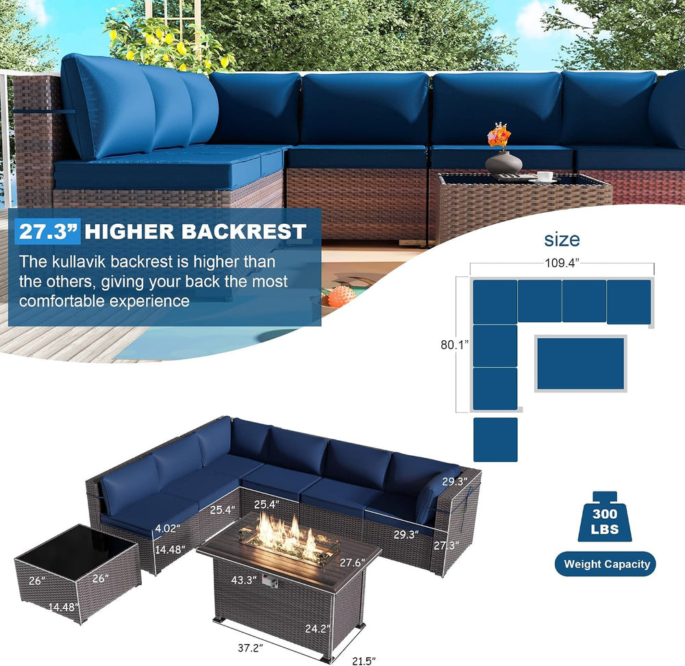 Kullavik 8 Piece Outdoor Wicker Patio Furniture Set with Fire Pit Table
