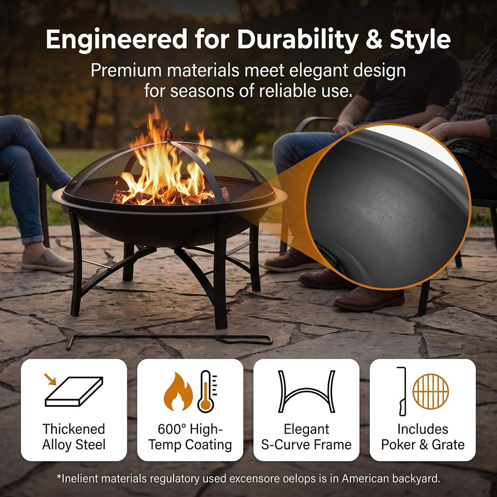 Fire Beauty 22" Outdoor Wood Burning Fire Pit with Spark Screen, Black