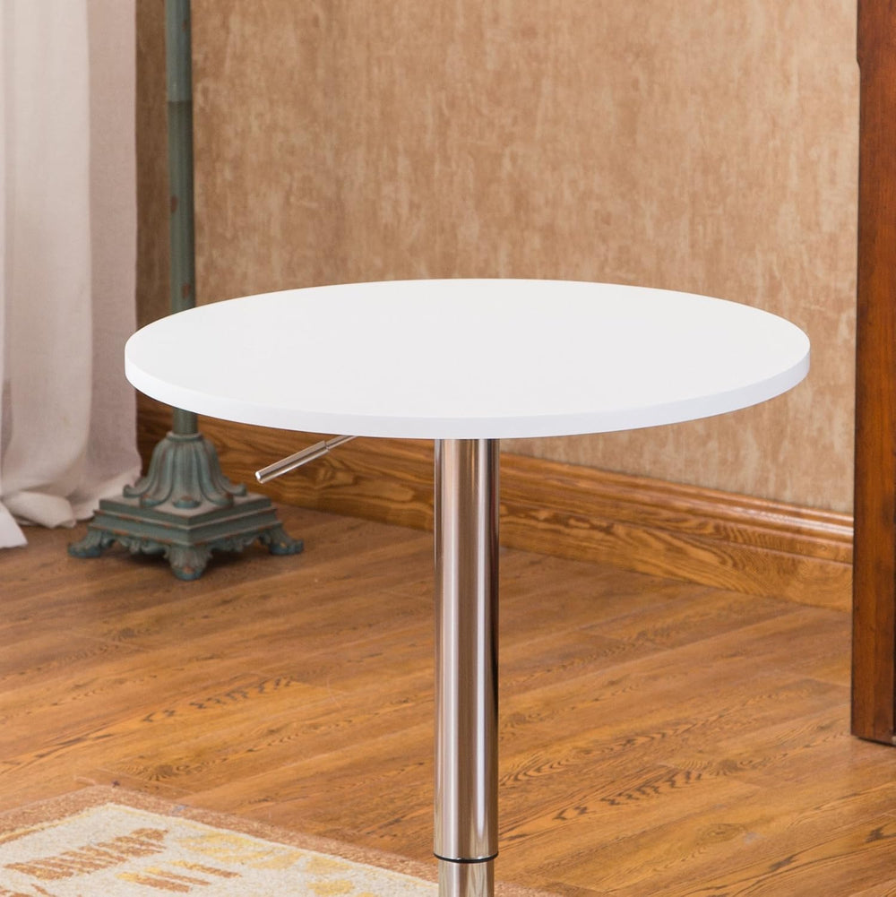 Roundhill Furniture Adjustable Height Wood and Chrome Metal Bar Table, White