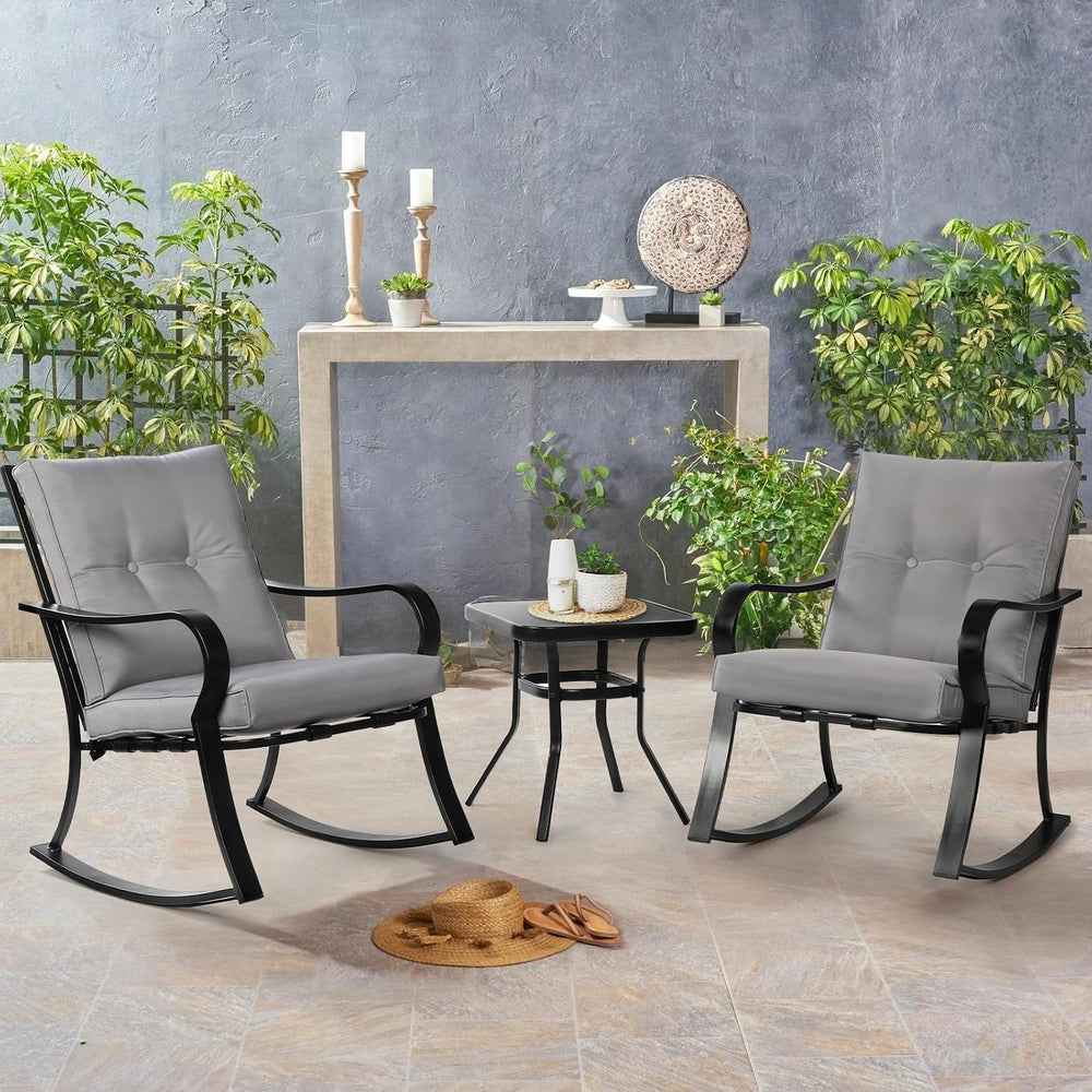 SOLAURA 3-Piece Outdoor Rocking Chairs Bistro Set, Black Iron Patio Furniture...