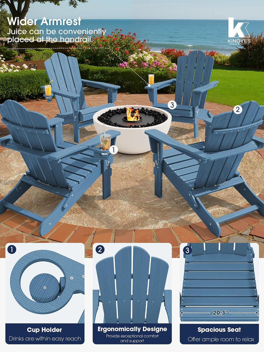 KINGYES Folding Adirondack Chair, All-Weather HDPE Material, Navy, 2 Pack