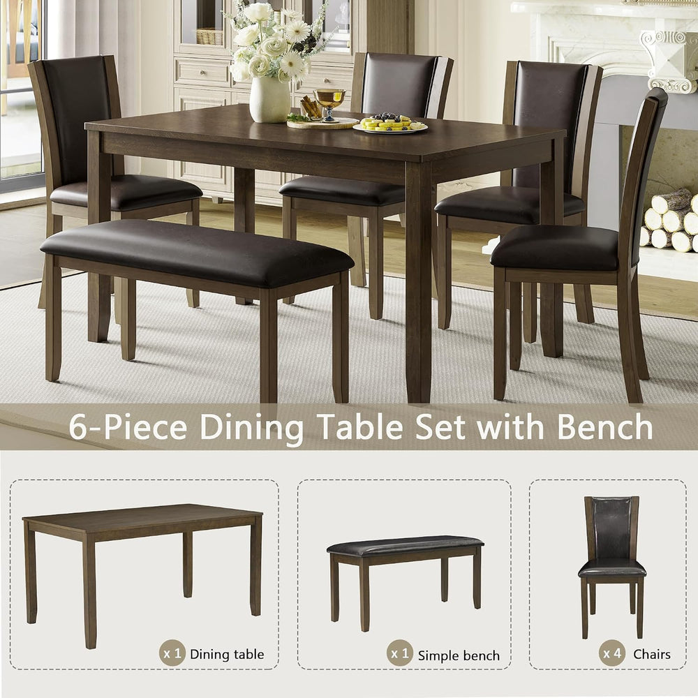 6-Piece Dining Table Set with Bench & 4 Chairs, Solid Wood, Dark Walnut