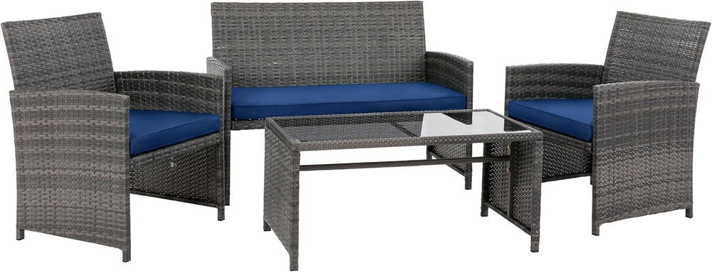 4 Piece Patio Ratten Set Outdoor Furniture Set Wicker Conversation Set with C...