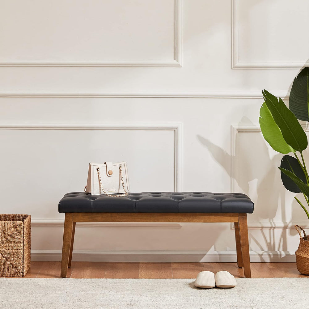 HUIMO Entryway Bench, Black Leather, Solid Wood, Durable and Wear-Resistant