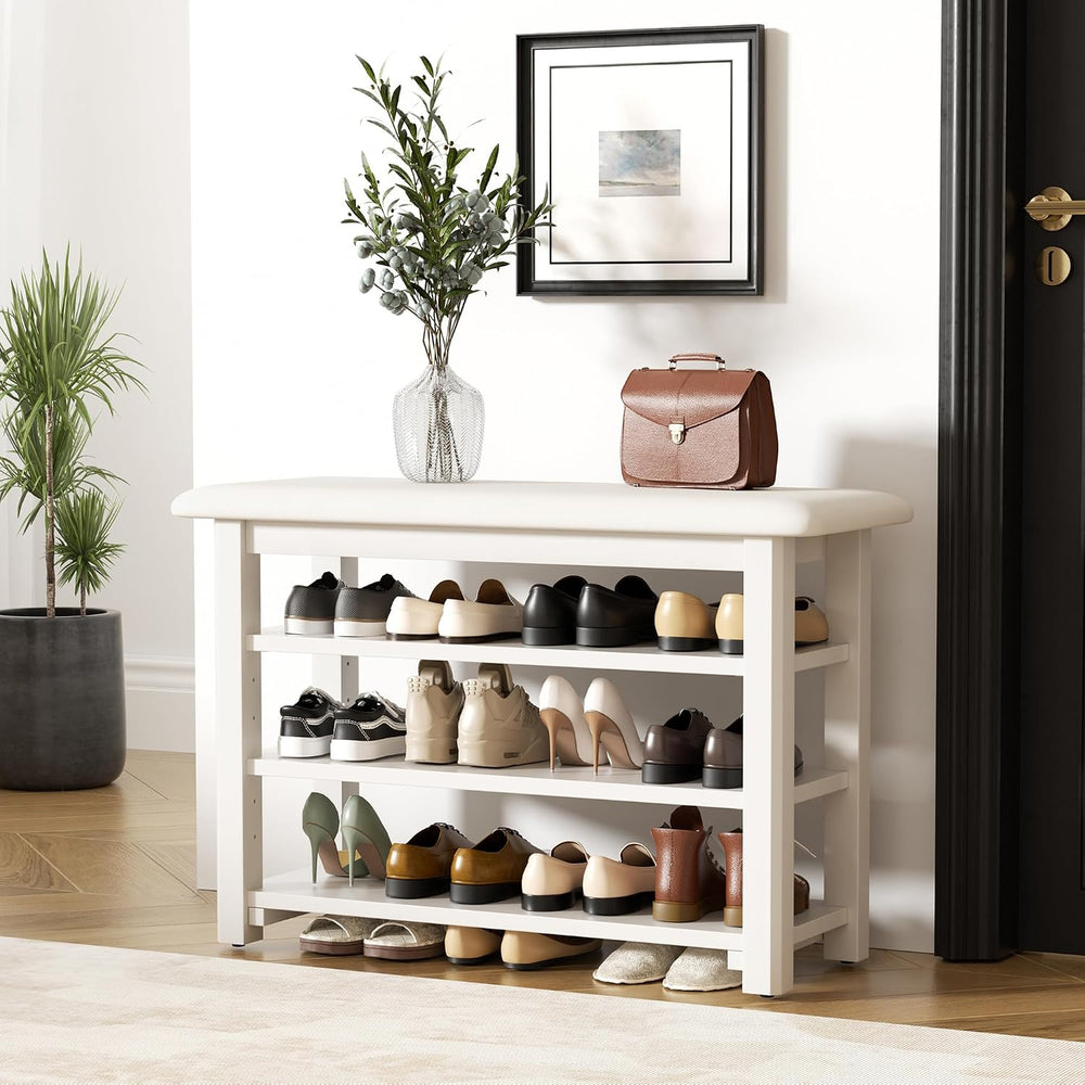 Shoe Rack Bench with Leather Cushion 3-Tier Shoe Rack Organizer for Entryway ...