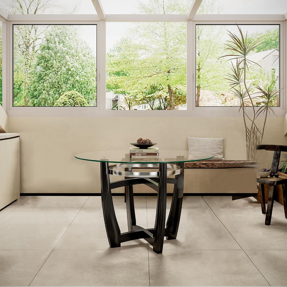 PADMA HOUSE 45" Inch Round Glass Top Dining Table with Solid Wood Base,1...