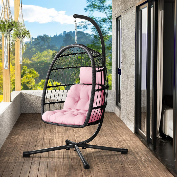LEVELEVE Hanging Egg Chair with Stand, Patio Rattan Wicker Swing Chair, Oversized Hammock Seat for Bedroom Porch Garden, Thickened Steel Frame & UV Resistant Cushion, 350LBS Capacity(Pink