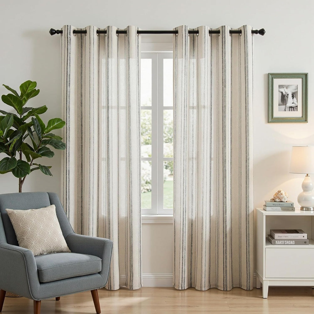 MYSKY HOME Grey Striped Linen Curtains for Living Room 84 Inches 2 Panels