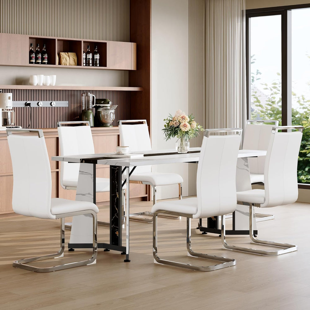 Dining Table Set for 6,White Marble 71'' Dining Room Table with Spaci...
