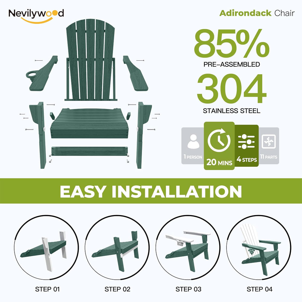 nevilywood Folding Adirondack Chairs Set of 2, HDPE Cup Holders, Green
