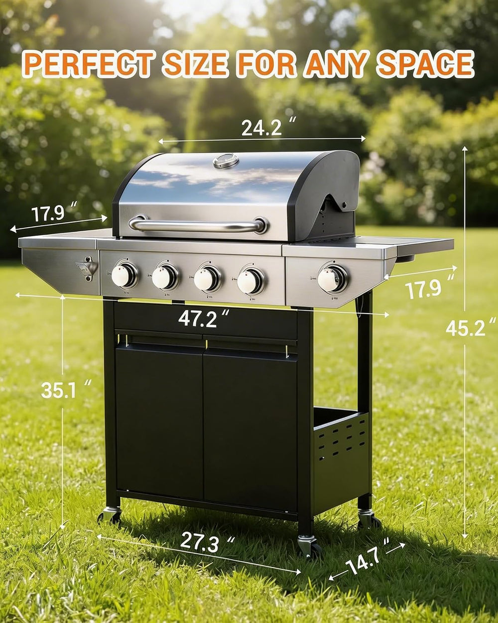 EUHOME 4-Burner Propane Gas BBQ Grill with Side Burner, 46,500 BTU Stainless ...