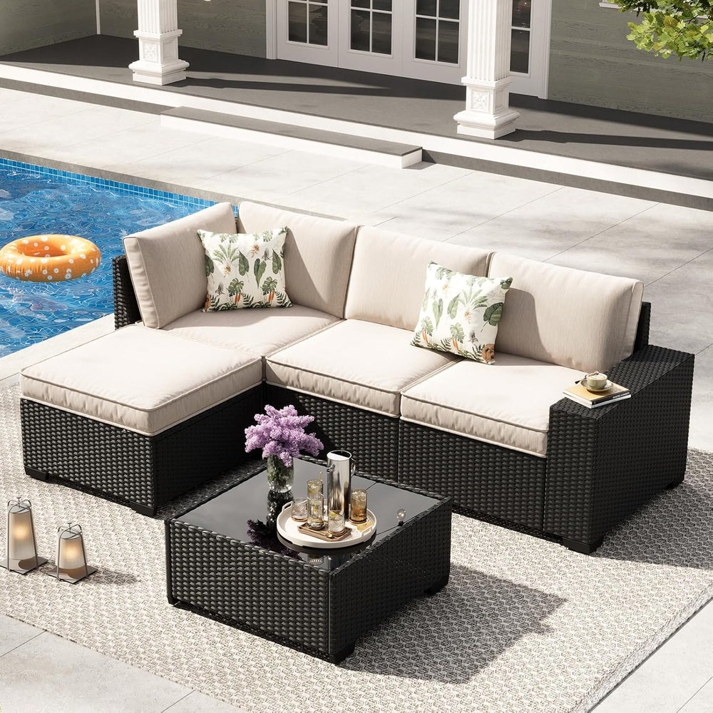 5-Piece Outdoor Patio Furniture Set, Modular Wicker Sectional Sofa with Thick...