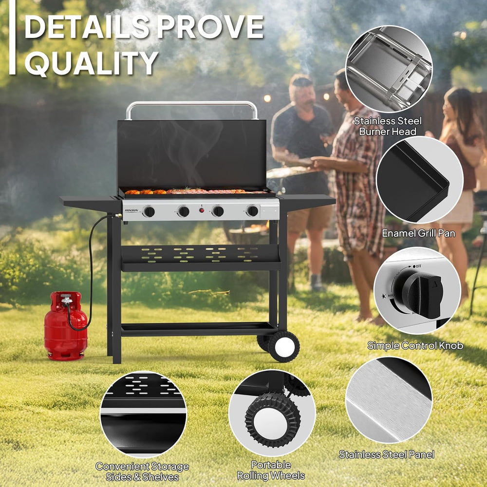 ROVSUN 4 Burner Portable Propane Griddle with Enameled Tray & Lid, 40000 ...